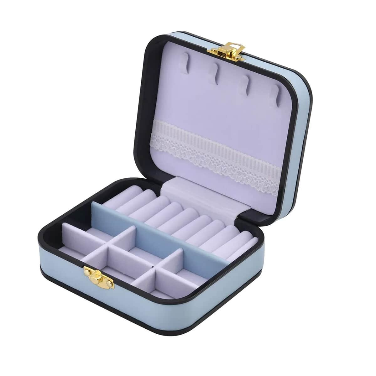 Light Blue Faux Leather Travel Jewelry Box with Lock (5.3"x4.5"x2") image number 6