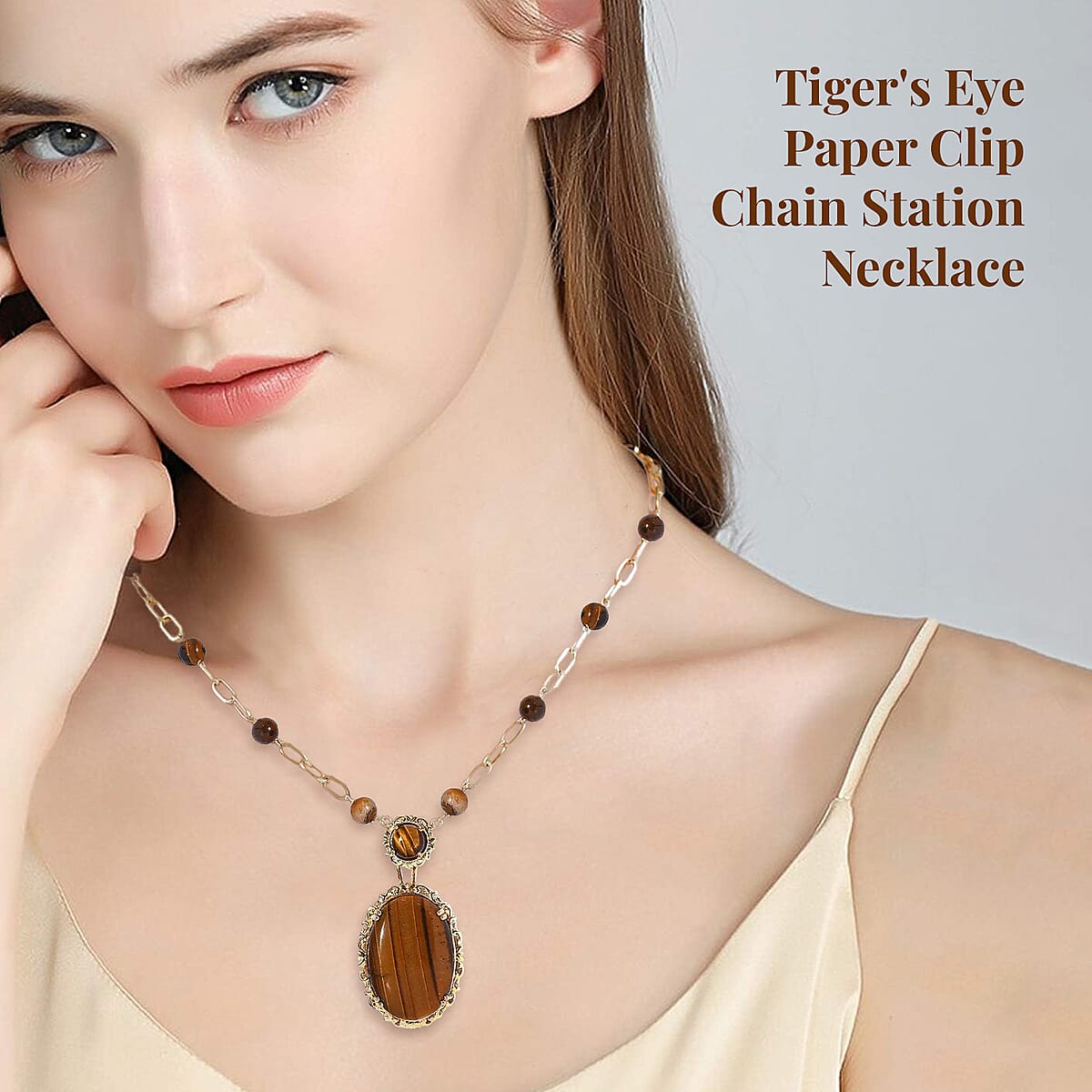 Karis Tiger's Eye Paper Clip Chain Station Necklace 18 Inches in 18K Yellow Gold Plated 44.15 ctw image number 2