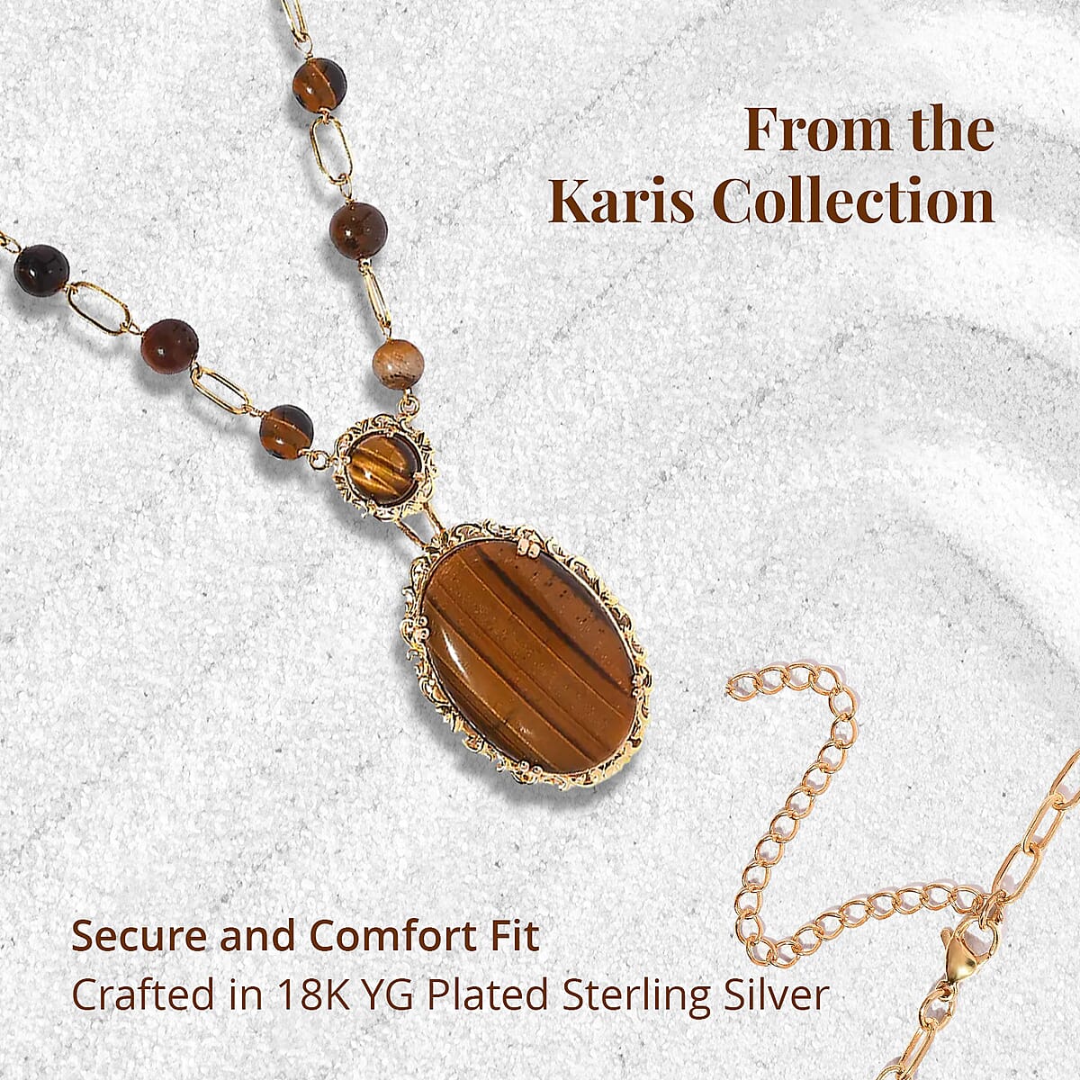 Karis Tiger's Eye Paper Clip Chain Station Necklace 18 Inches in 18K Yellow Gold Plated 44.15 ctw image number 3