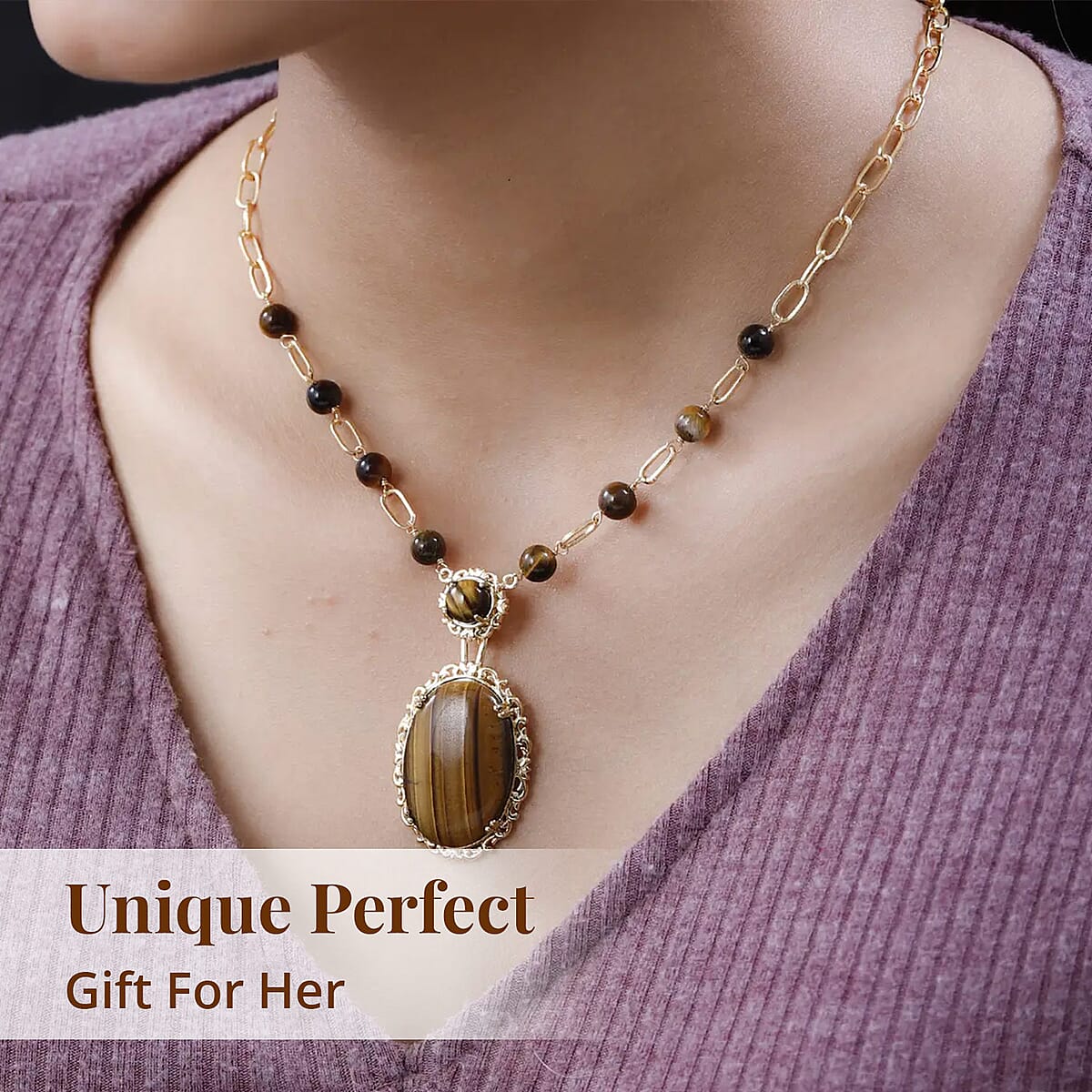 Karis Tiger's Eye Paper Clip Chain Station Necklace 18 Inches in 18K Yellow Gold Plated 44.15 ctw image number 4