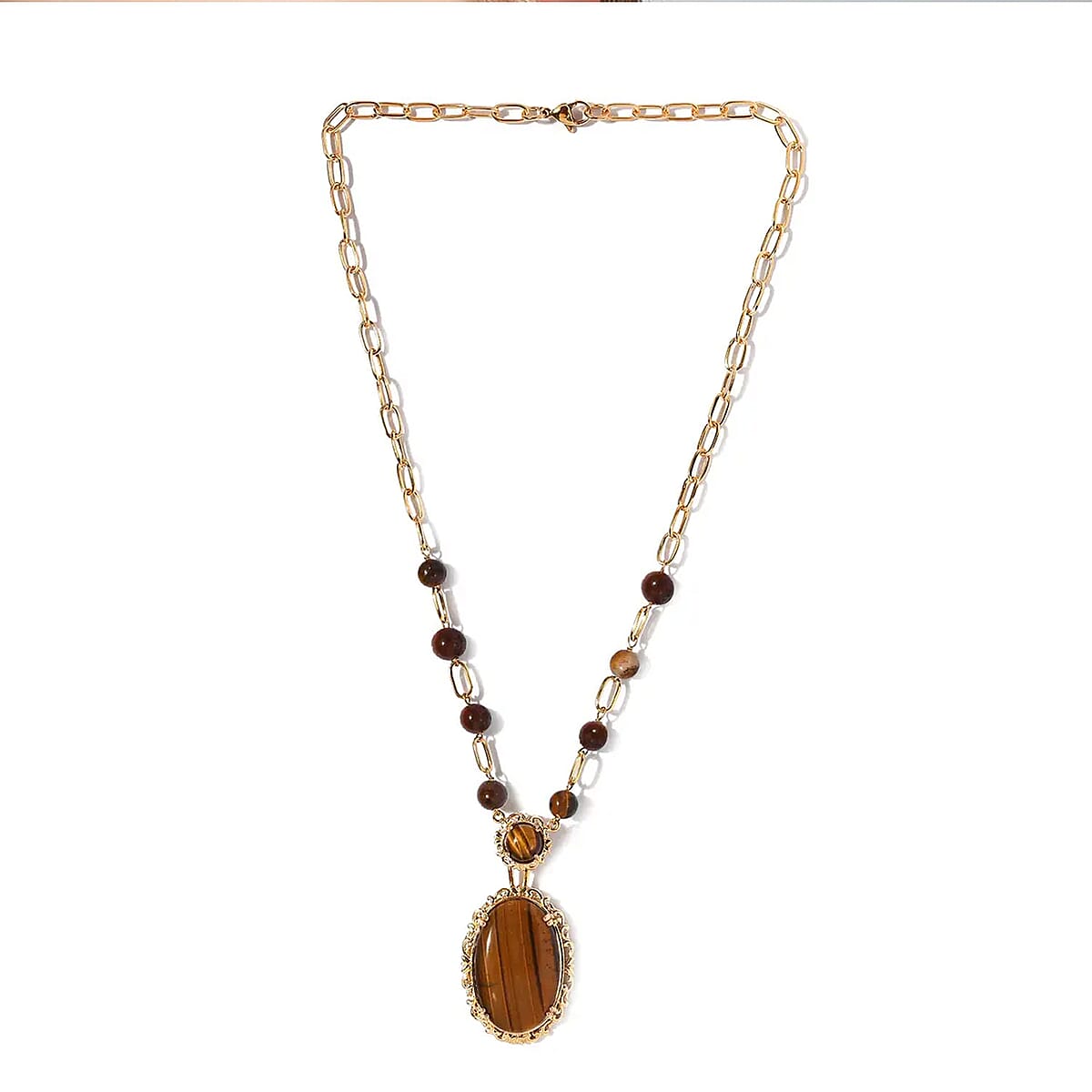 Karis Tiger's Eye Paper Clip Chain Station Necklace 18 Inches in 18K Yellow Gold Plated 44.15 ctw image number 5