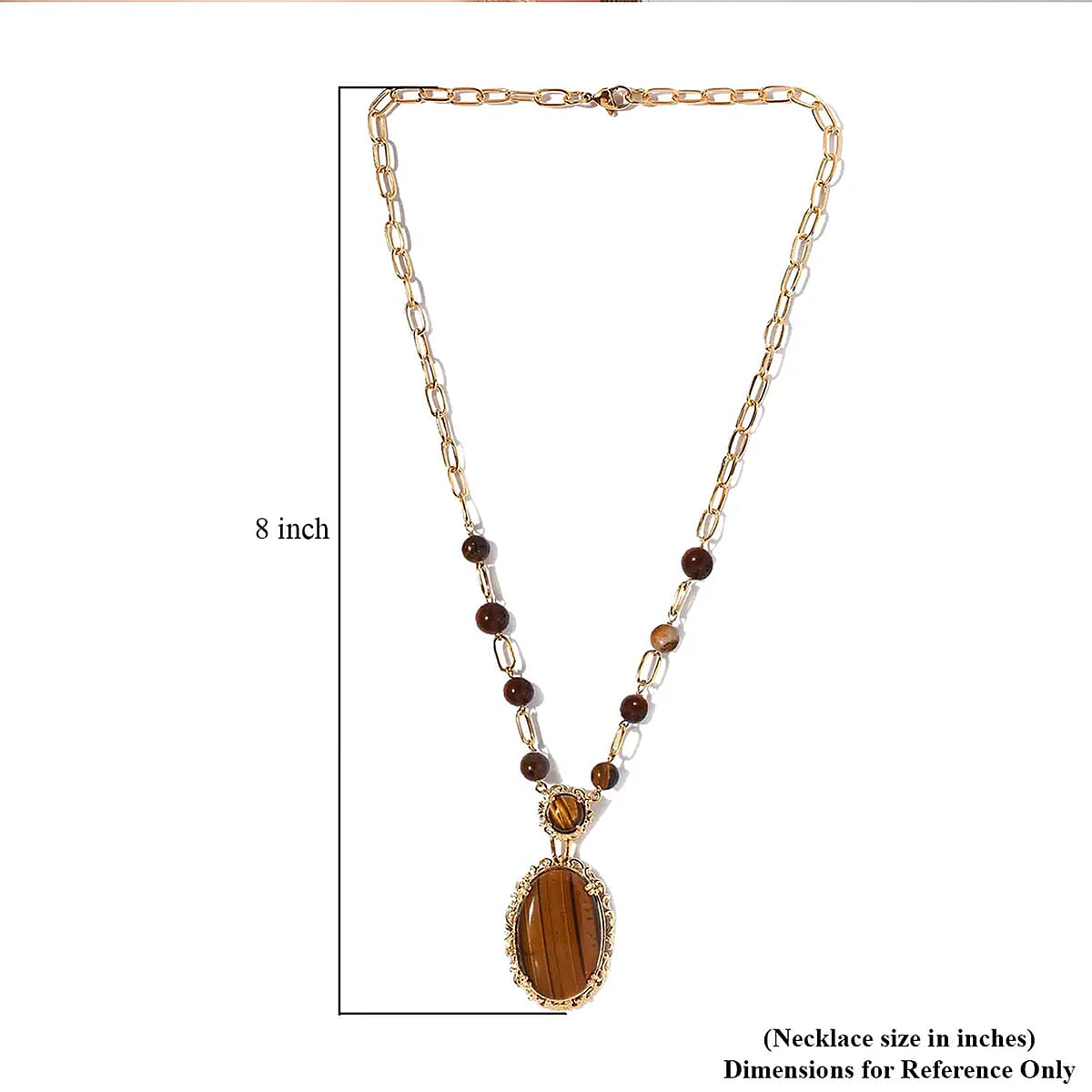 Karis Tiger's Eye Paper Clip Chain Station Necklace 18 Inches in 18K Yellow Gold Plated 44.15 ctw image number 6