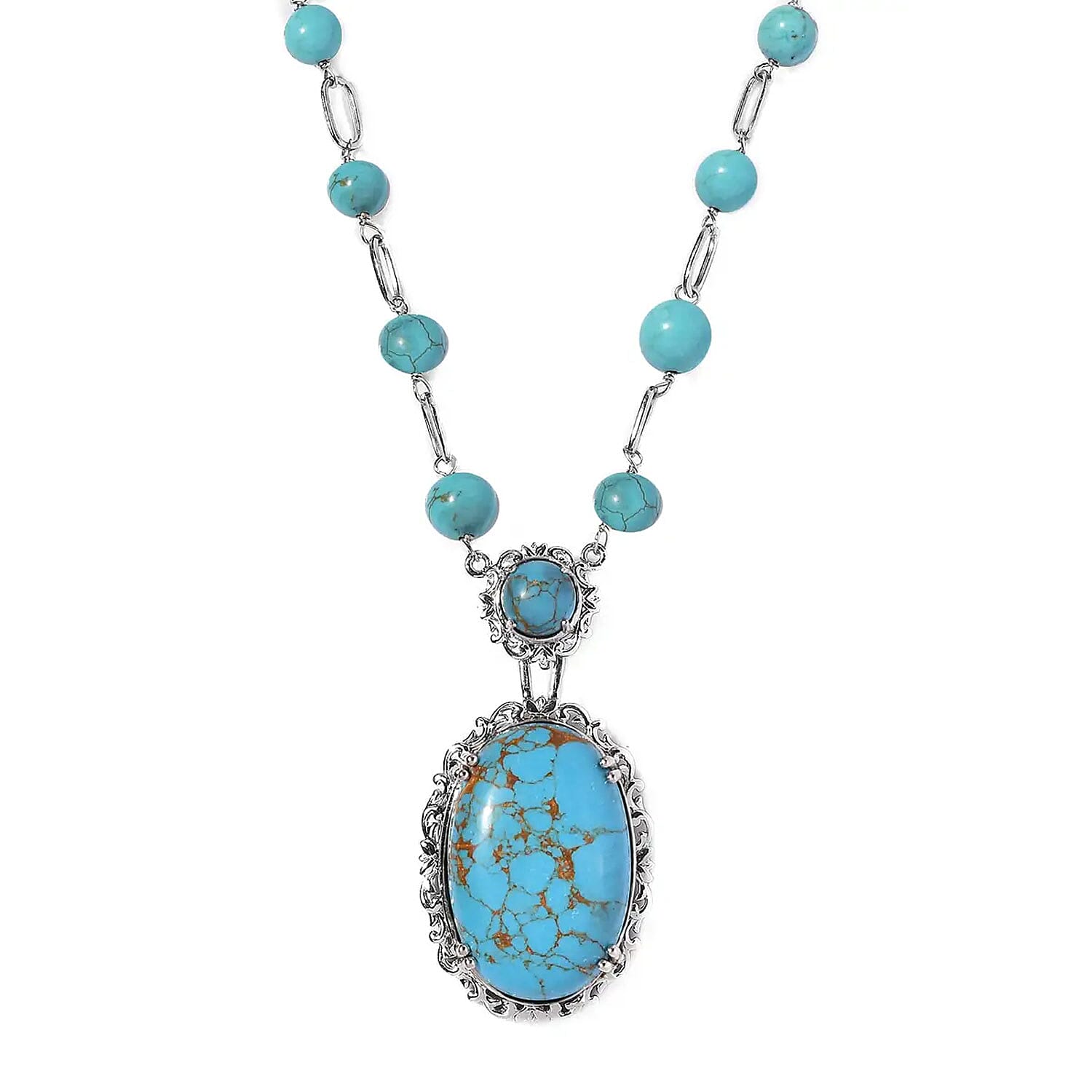 Karis Mojave Blue Turquoise Paper Clip Chain Station Necklace (18 Inches) in Platinum Bond 42.50 ctw