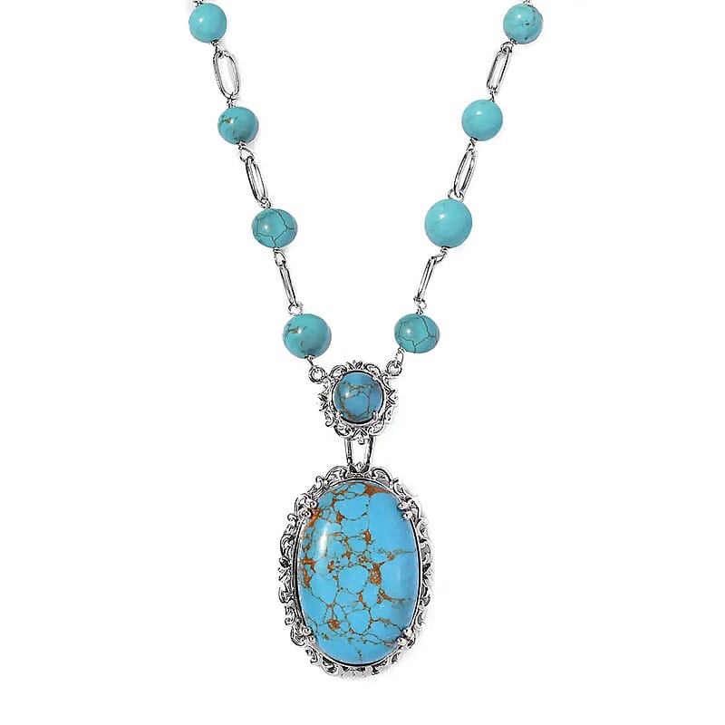 Karis Mojave Blue Turquoise Paper Clip Chain Station Necklace (18 Inches) in Platinum Bond 42.50 ctw