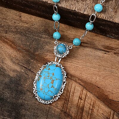 Karis Mojave Blue Turquoise Paper Clip Chain Station Necklace (18 Inches) in Platinum Bond 42.50 ctw