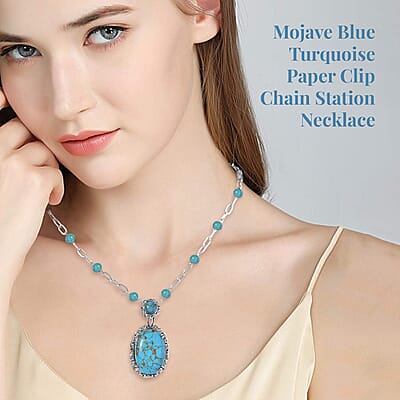 Karis Mojave Blue Turquoise Paper Clip Chain Station Necklace (18 Inches) in Platinum Bond 42.50 ctw