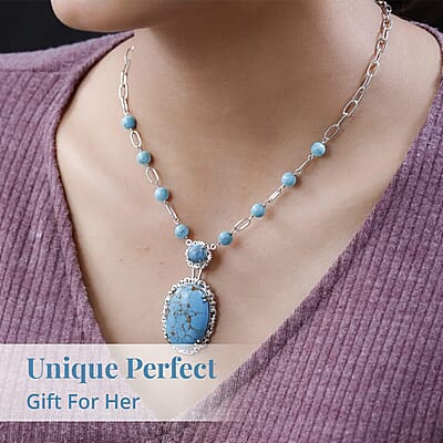 Karis Mojave Blue Turquoise Paper Clip Chain Station Necklace (18 Inches) in Platinum Bond 42.50 ctw
