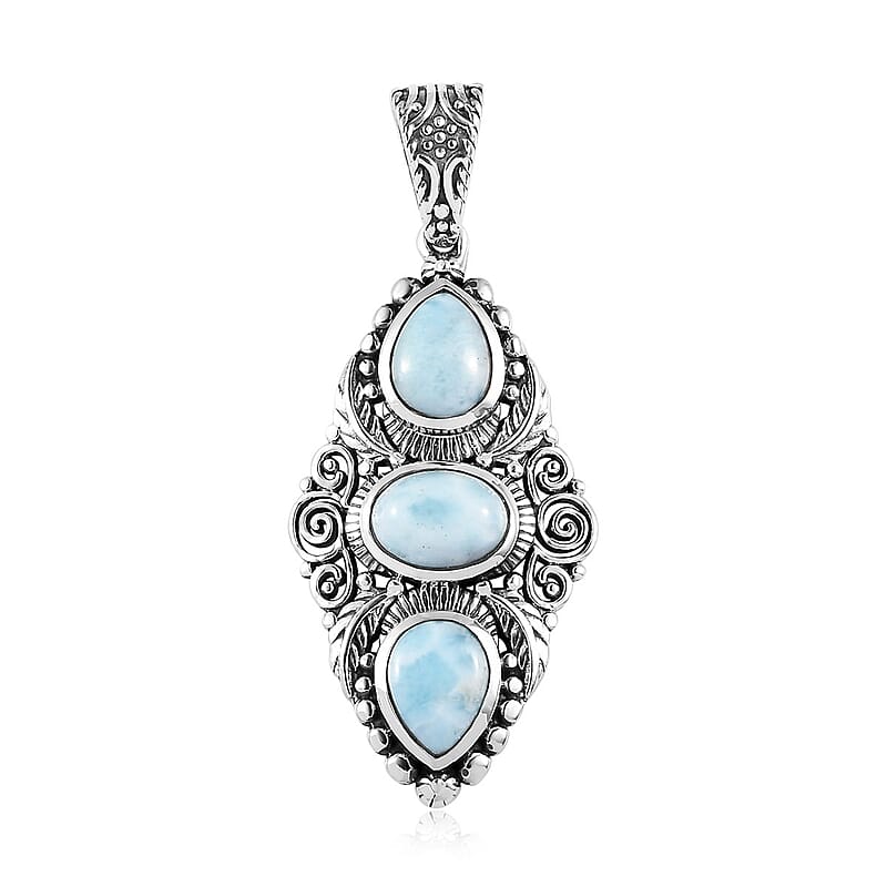 Artisan Crafted Larimar 3 Stone Pendant in Sterling Silver 4.50 ctw