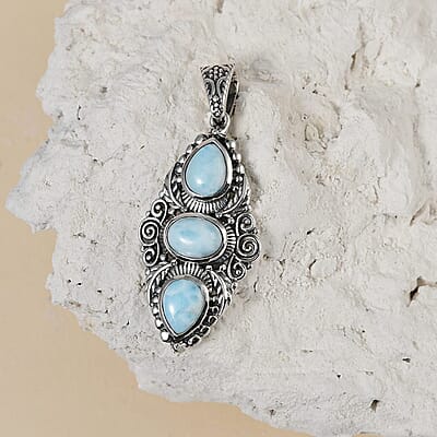 Artisan Crafted Larimar 3 Stone Pendant in Sterling Silver 4.50 ctw