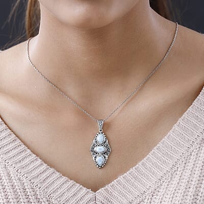 Artisan Crafted Larimar 3 Stone Pendant in Sterling Silver 4.50 ctw