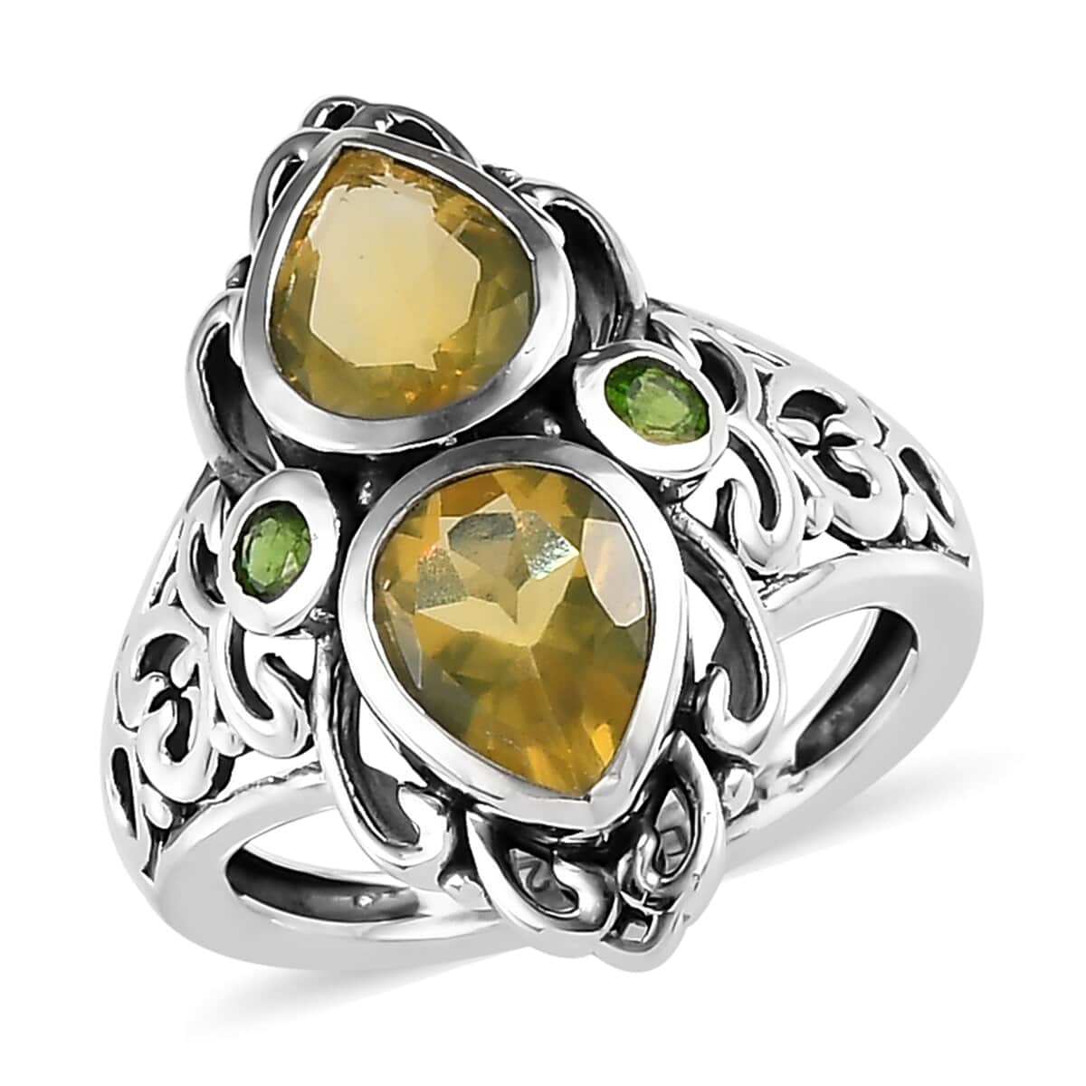 Artisan Crafted Tanzanian Natural Canary Opal and Natural Chrome Diopside Ring in Sterling Silver 1.65 ctw image number 0