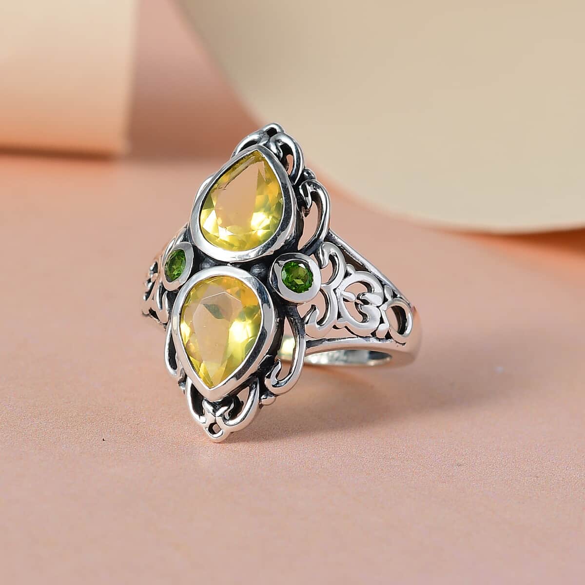 Artisan Crafted Tanzanian Natural Canary Opal and Natural Chrome Diopside Ring in Sterling Silver 1.65 ctw image number 1