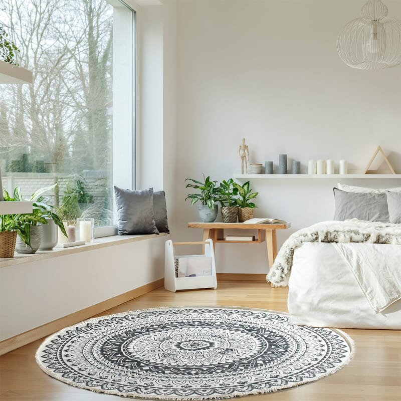 Black Woven Printed Cotton Rugs With Lace