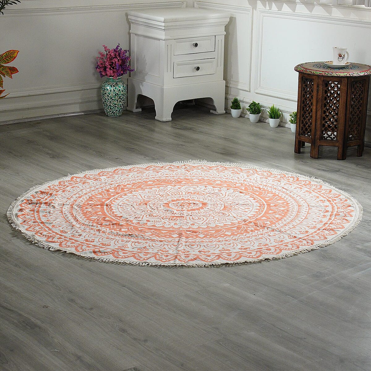 "Woven Printed Cotton Rugs With Lace (GSM 450) SIZE: 60(Dia) inches COLOR: Black " image number 1