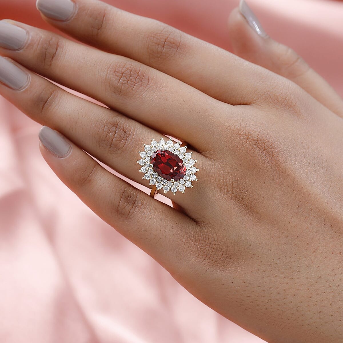Lab Created Padparadscha Sapphire, Moissanite Double Halo Ring in Vermeil YG Over Sterling Silver (Size 10.0) 6.00 ctw image number 2