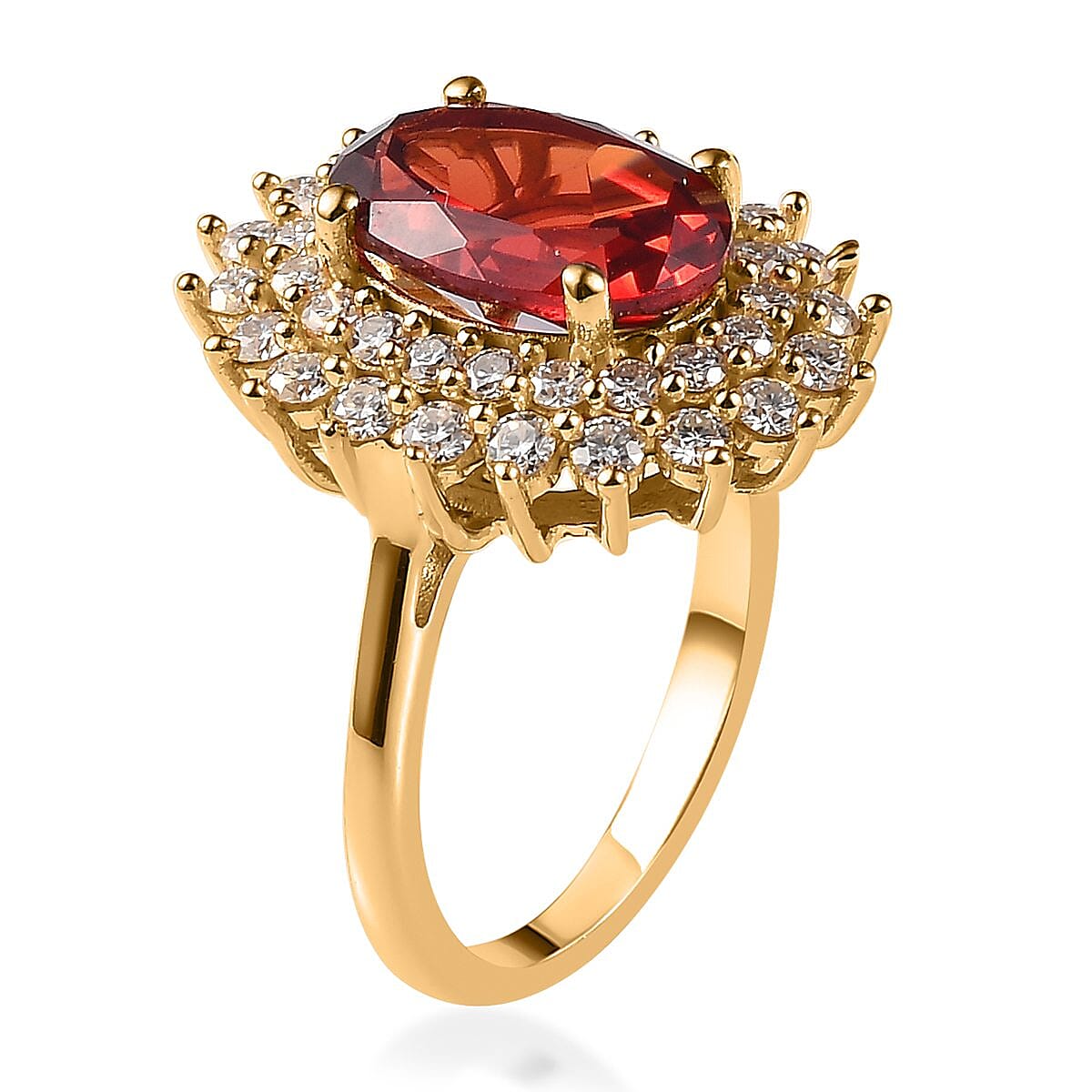 Lab Created Padparadscha Sapphire, Moissanite Double Halo Ring in Vermeil YG Over Sterling Silver (Size 10.0) 6.00 ctw image number 3
