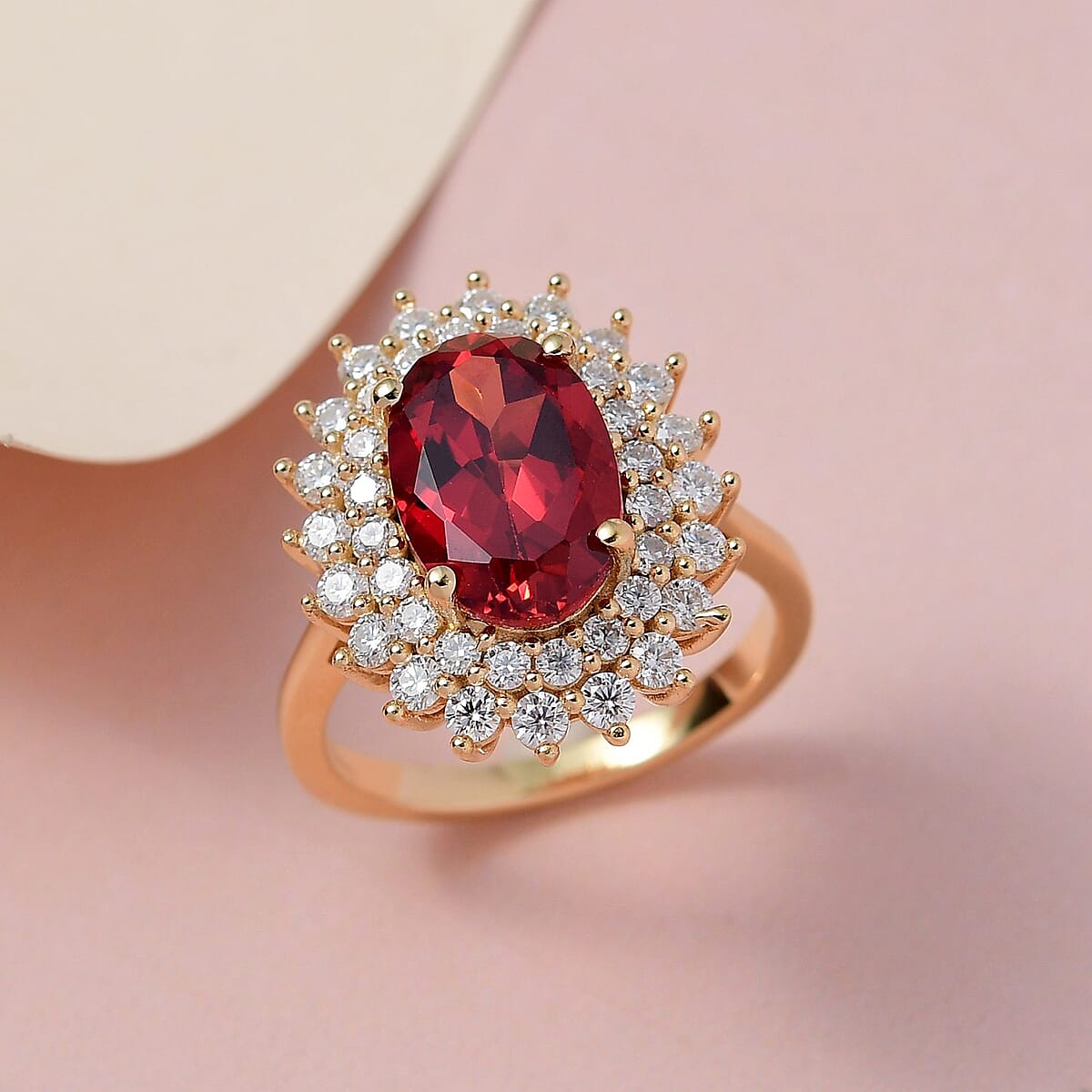 Lab Created Padparadscha Sapphire and Moissanite Double Halo Ring in Vermeil Yellow Gold Over Sterling Silver (Size 7.0) 6.00 ctw image number 1