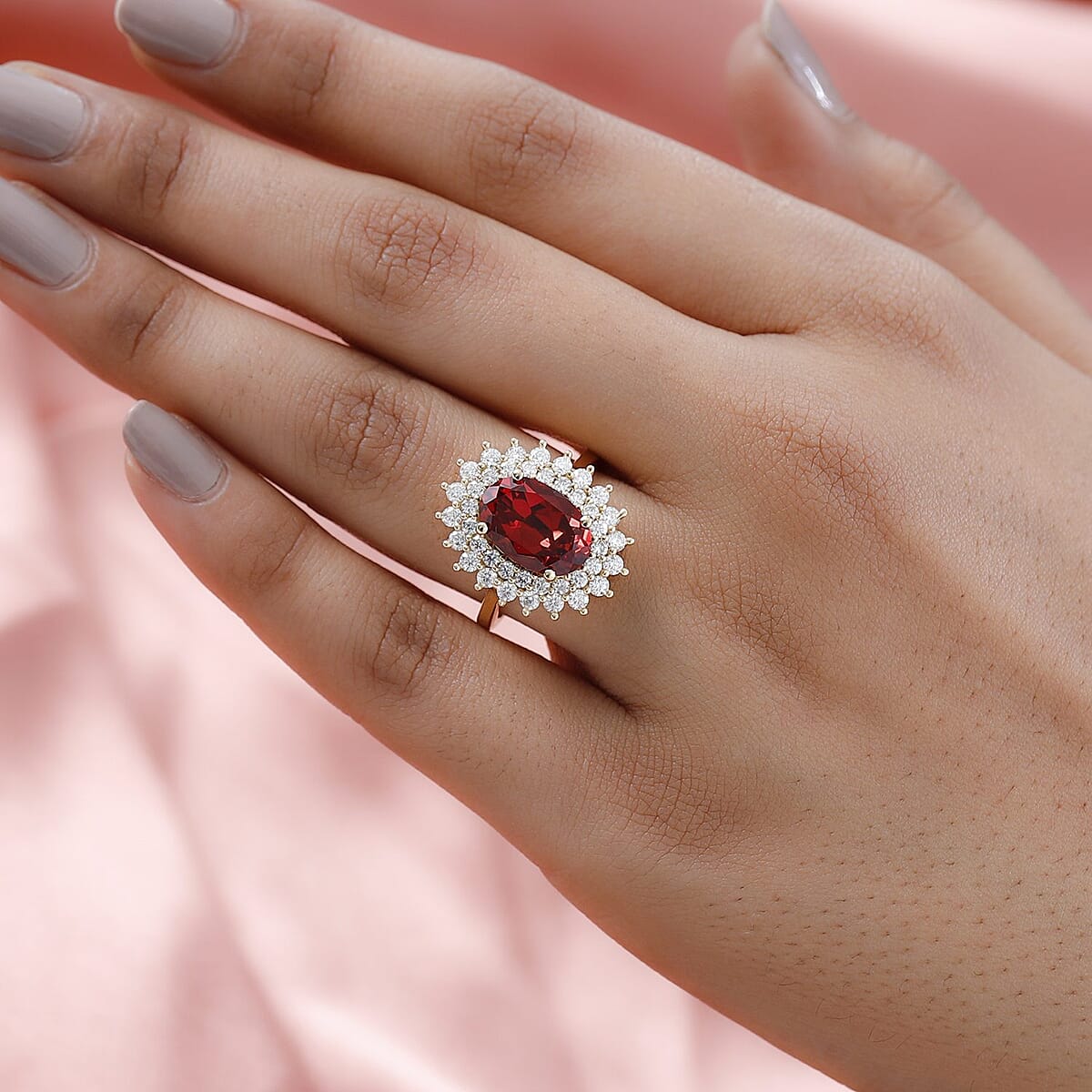 Lab Created Padparadscha Sapphire and Moissanite Double Halo Ring in Vermeil Yellow Gold Over Sterling Silver (Size 7.0) 6.00 ctw image number 2