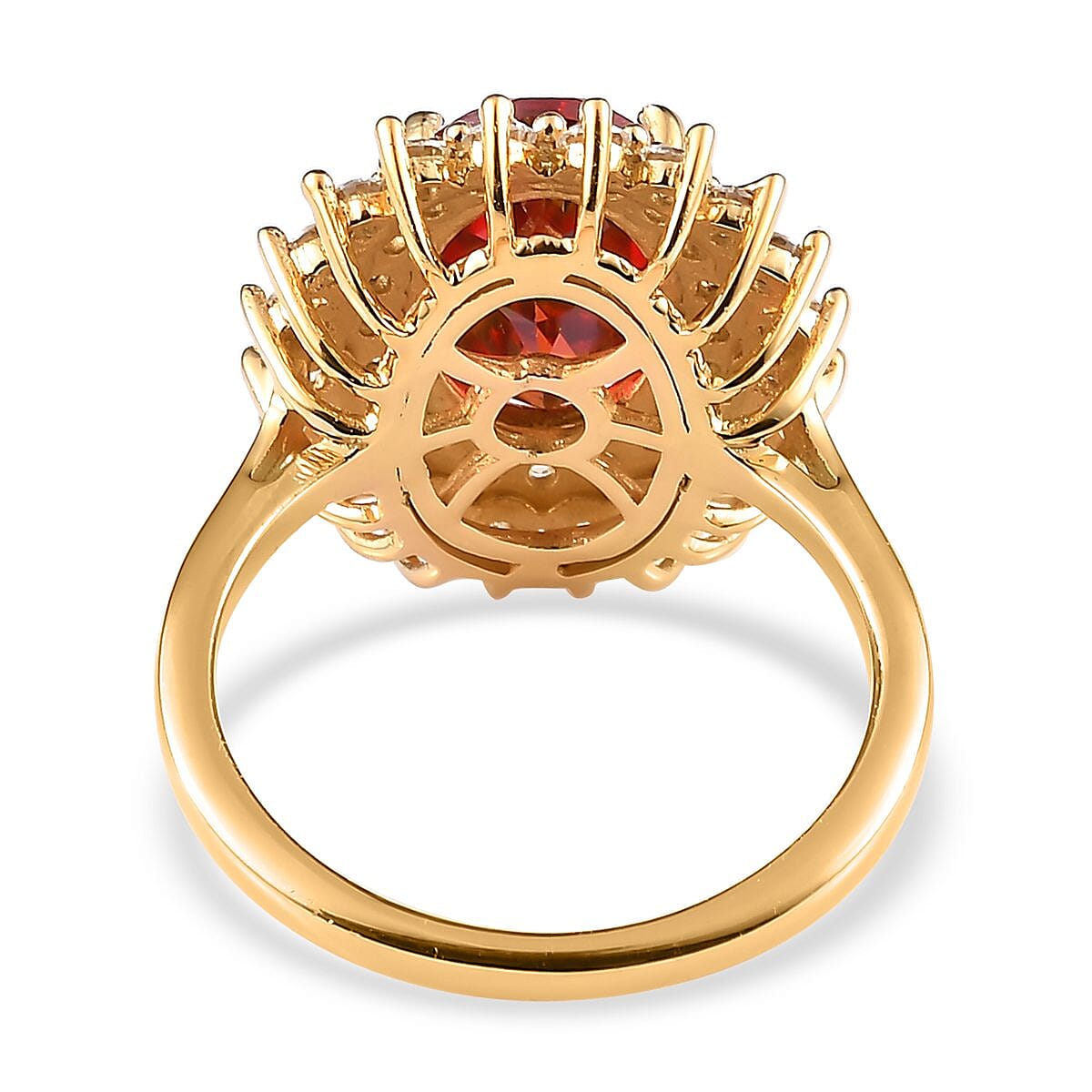 Lab Created Padparadscha Sapphire and Moissanite Double Halo Ring in Vermeil Yellow Gold Over Sterling Silver (Size 7.0) 6.00 ctw image number 4