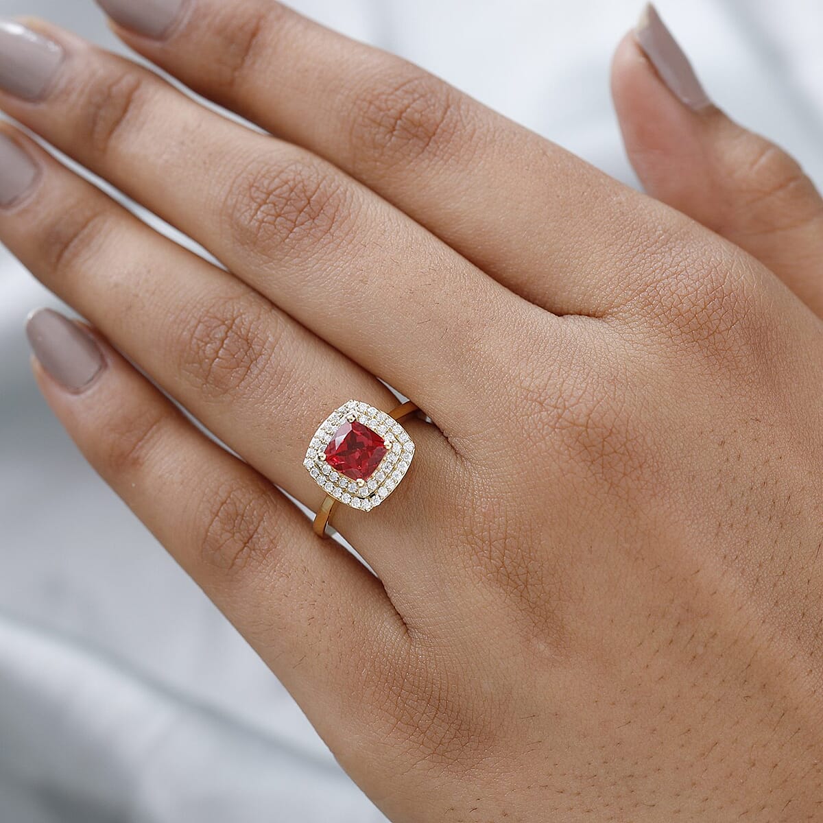Lab Created Padparadscha Sapphire and Moissanite Double Halo Ring in Vermeil Yellow Gold Over Sterling Silver (Size 10.0) 1.75 ctw image number 2