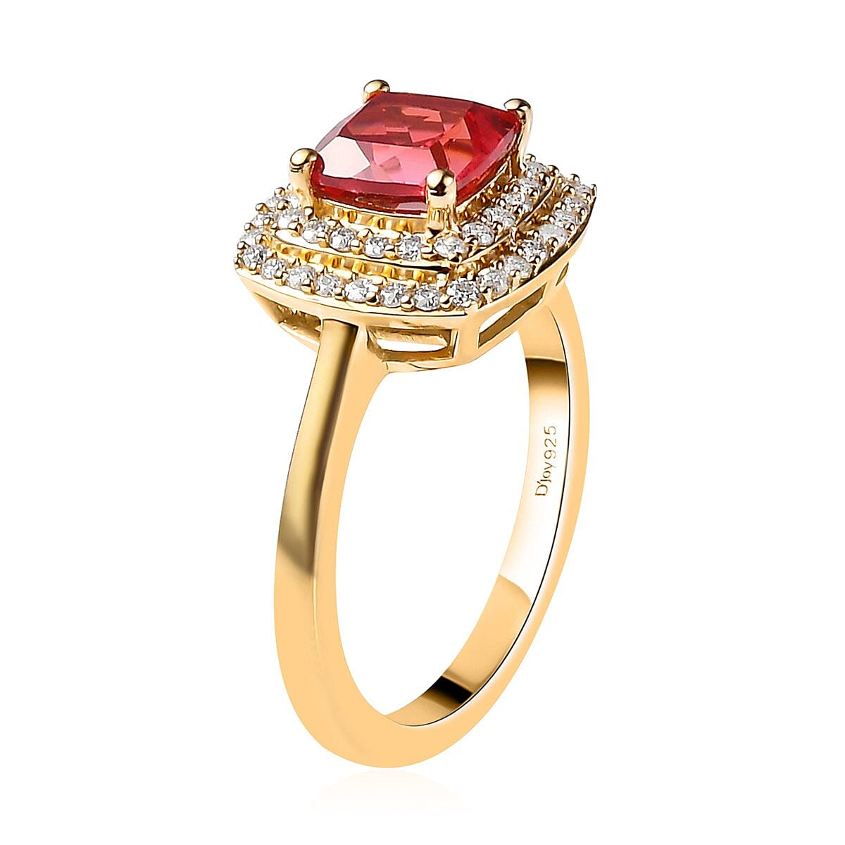 Lab Created Padparadscha Sapphire and Moissanite Double Halo Ring in Vermeil Yellow Gold Over Sterling Silver (Size 10.0) 1.75 ctw image number 3