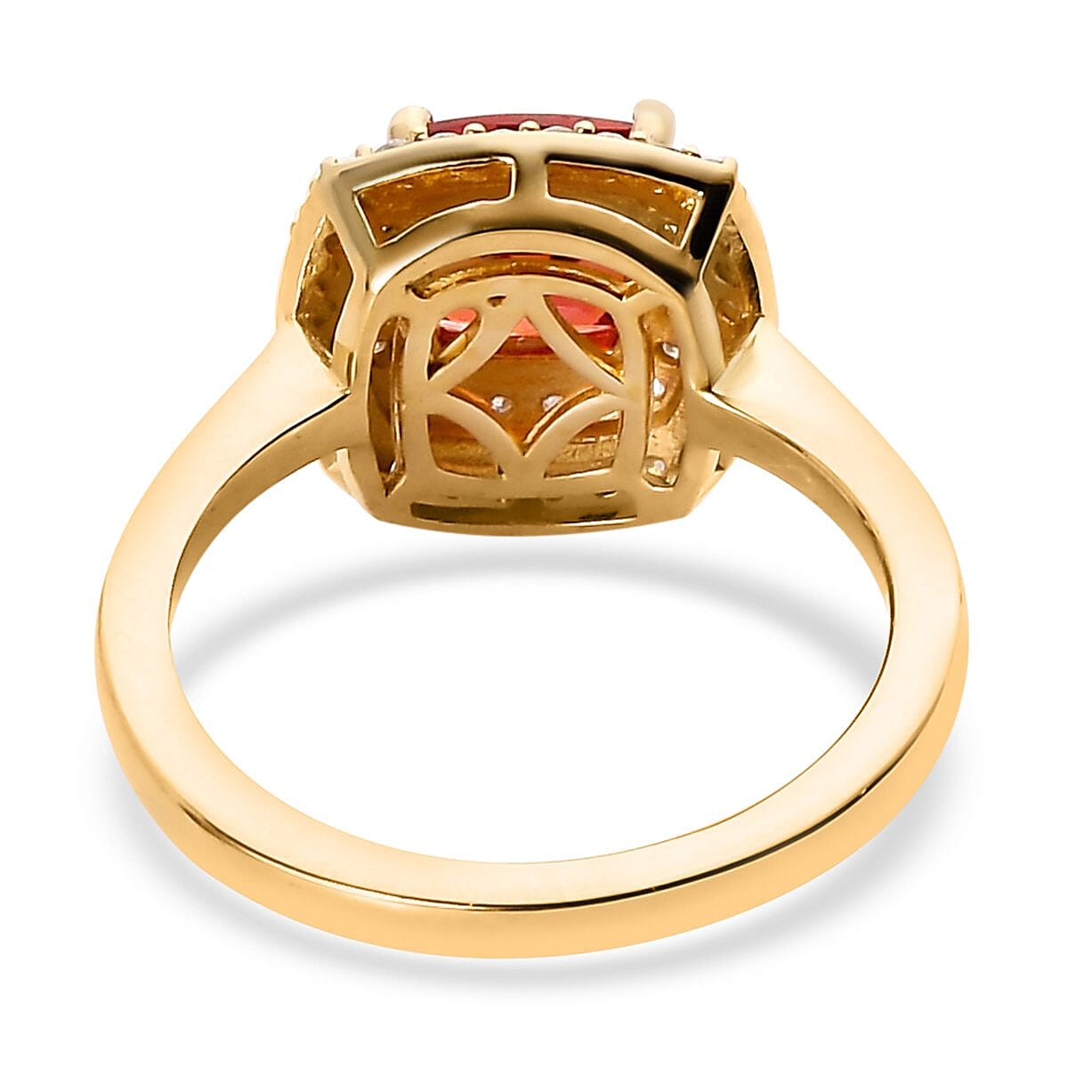 Lab Created Padparadscha Sapphire and Moissanite Double Halo Ring in Vermeil Yellow Gold Over Sterling Silver (Size 10.0) 1.75 ctw image number 4