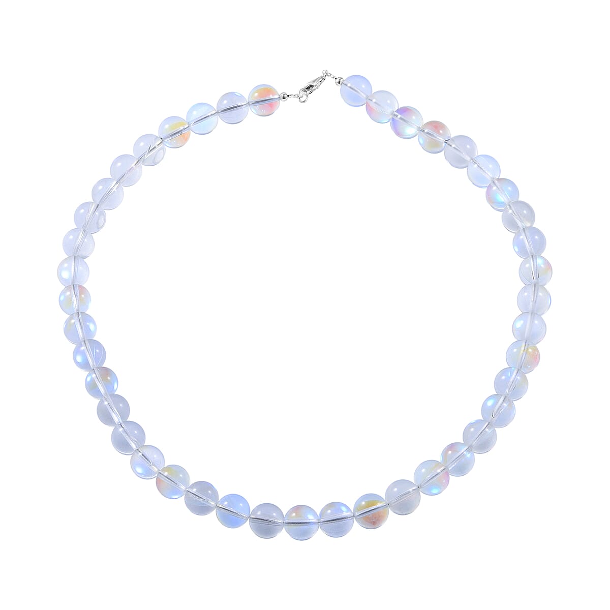 Simulated White Mystic Color Glass 10mm Beaded Necklace 18 Inches in Rhodium Over Sterling Silver image number 0