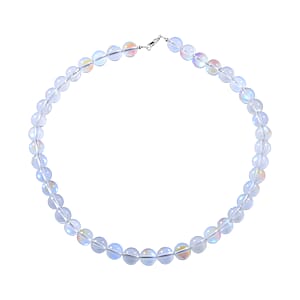 Simulated White Mystic Color Glass 10mm Beaded Necklace 18 Inches in Rhodium Over Sterling Silver