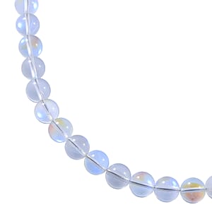 Simulated White Mystic Color Glass 10mm Beaded Necklace 18 Inches in Rhodium Over Sterling Silver