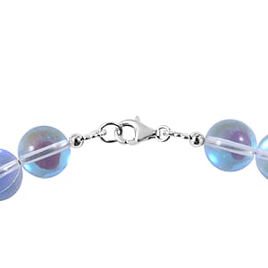 Simulated White Mystic Color Glass 10mm Beaded Necklace 18 Inches in Rhodium Over Sterling Silver