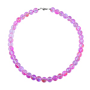 Simulated Mystic Pink Magic Color Glass Beaded Necklace 18 Inches in Rhodium Over Sterling Silver