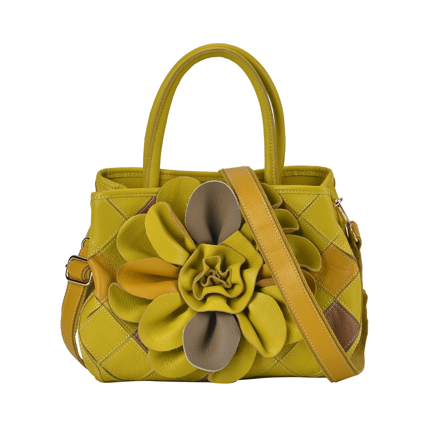 Chaos Collection Yellow Flower Pattern Genuine Leather Tote Bag with Handle  Drop and Shoulder Strap