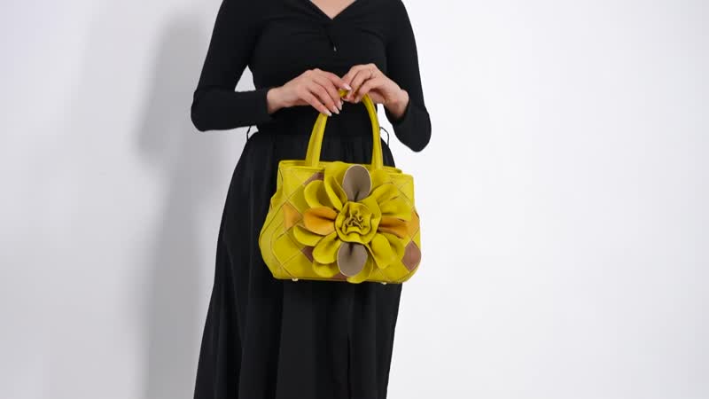 Chaos Collection Yellow Flower Pattern Genuine Leather Tote Bag (10.5"x5"x8.27") with Handle Drop and Shoulder Strap