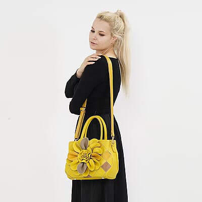 Chaos Collection Yellow Flower Pattern Genuine Leather Tote Bag with Handle Drop and Shoulder Strap
