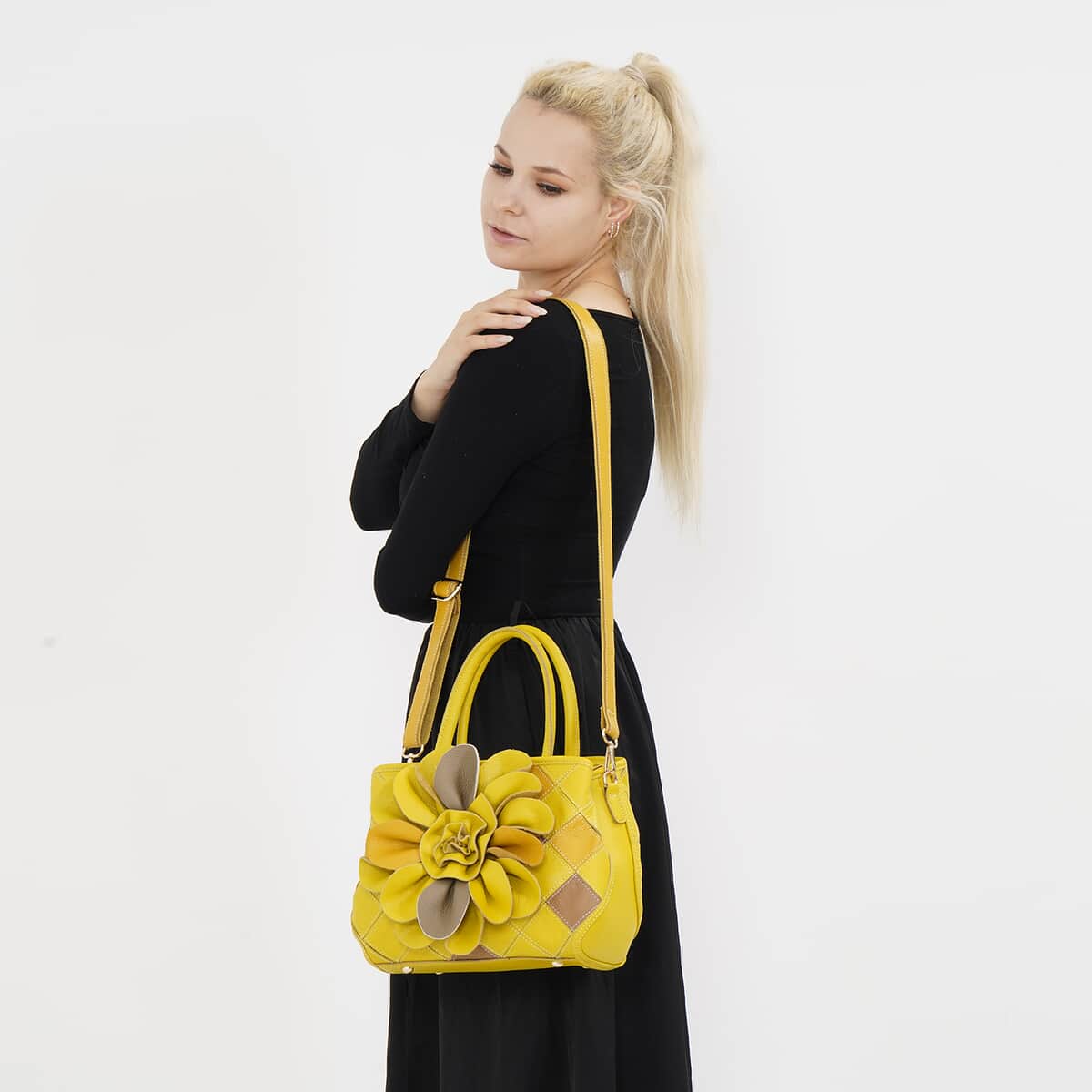 Chaos Collection Yellow Flower Pattern Genuine Leather Tote Bag with Handle Drop and Shoulder Strap image number 1
