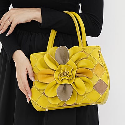 Chaos Collection Yellow Flower Pattern Genuine Leather Tote Bag with Handle Drop and Shoulder Strap