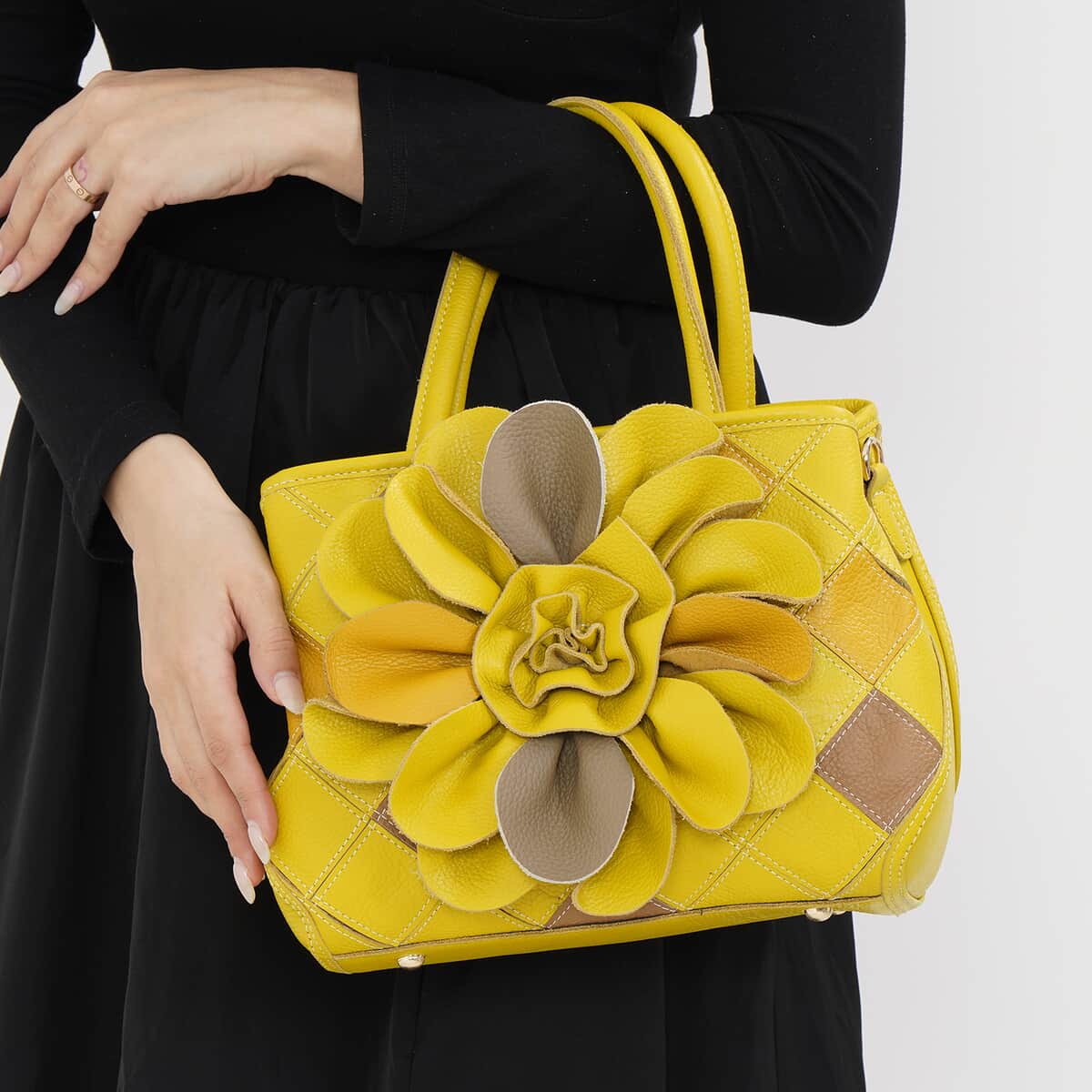 Chaos Collection Yellow Flower Pattern Genuine Leather Tote Bag with Handle Drop and Shoulder Strap image number 2