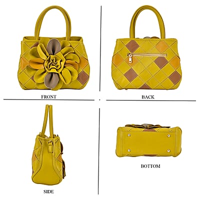 Chaos Collection Yellow Flower Pattern Genuine Leather Tote Bag with Handle Drop and Shoulder Strap