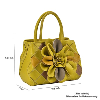 Chaos Collection Yellow Flower Pattern Genuine Leather Tote Bag with Handle Drop and Shoulder Strap