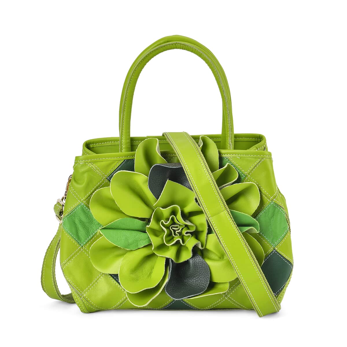 Chaos Collection Green Flower Pattern Genuine Leather Tote Bag with Handle Drop and Shoulder Strap image number 0