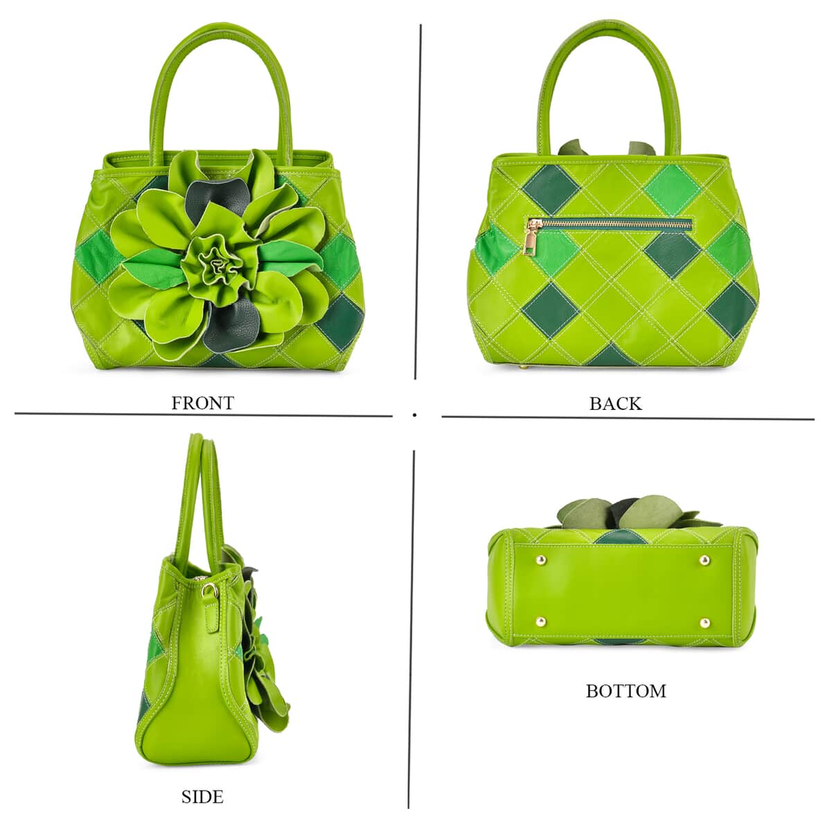 Chaos Collection Green Flower Pattern Genuine Leather Tote Bag with Handle Drop and Shoulder Strap image number 3