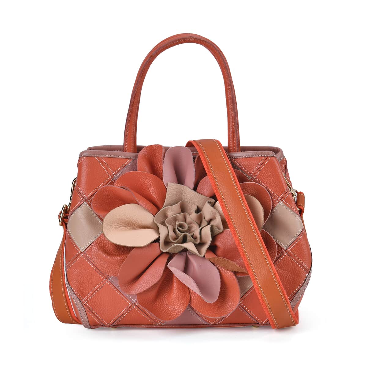 Chaos Collection Orange and Pink Flower Pattern Genuine Leather Tote Bag with Handle Drop and Shoulder Strap image number 0