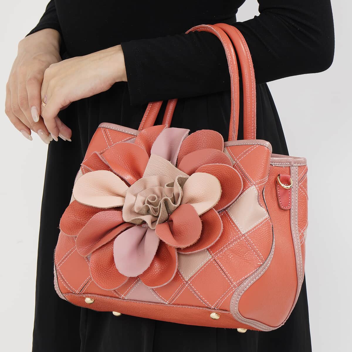 Chaos Collection Orange and Pink Flower Pattern Genuine Leather Tote Bag with Handle Drop and Shoulder Strap image number 2