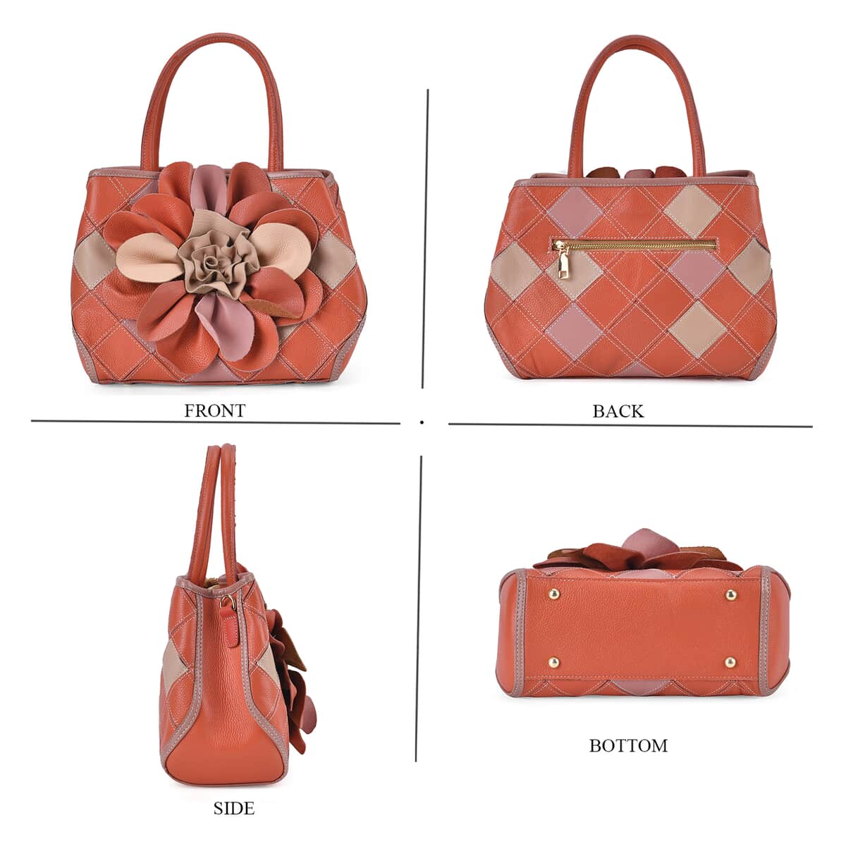 Chaos Collection Orange and Pink Flower Pattern Genuine Leather Tote Bag with Handle Drop and Shoulder Strap image number 3