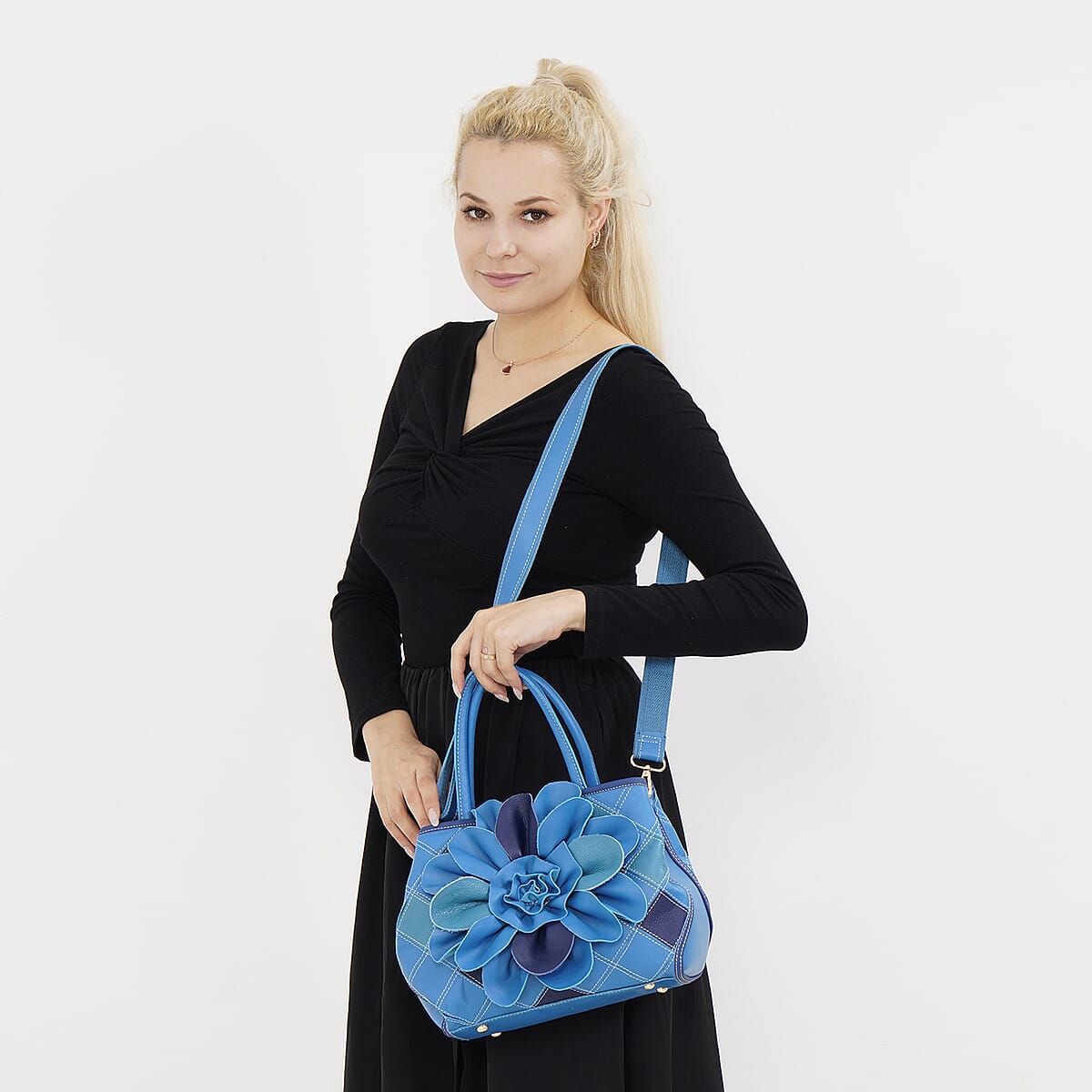 Chaos Collection Blue Flower Pattern Genuine Leather Tote Bag with Handle Drop and Shoulder Strap image number 1