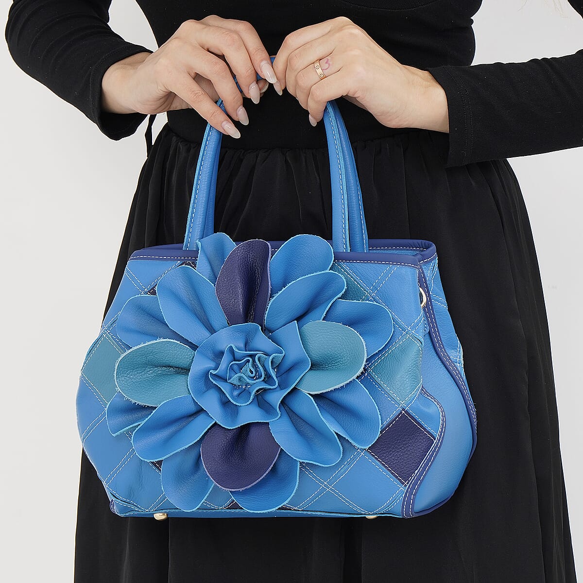 Chaos Collection Blue Flower Pattern Genuine Leather Tote Bag with Handle Drop and Shoulder Strap image number 2