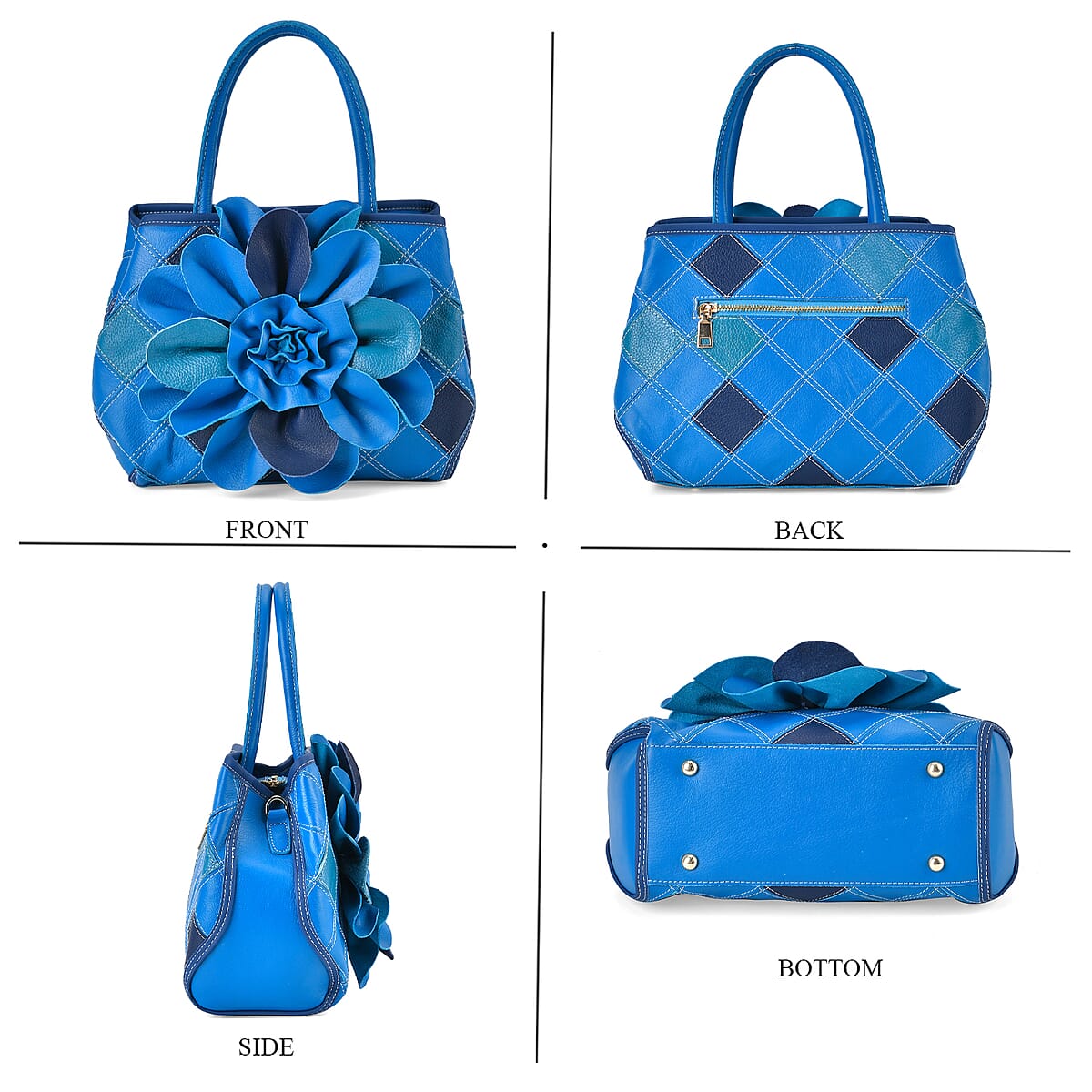 Chaos Collection Blue Flower Pattern Genuine Leather Tote Bag with Handle Drop and Shoulder Strap image number 3
