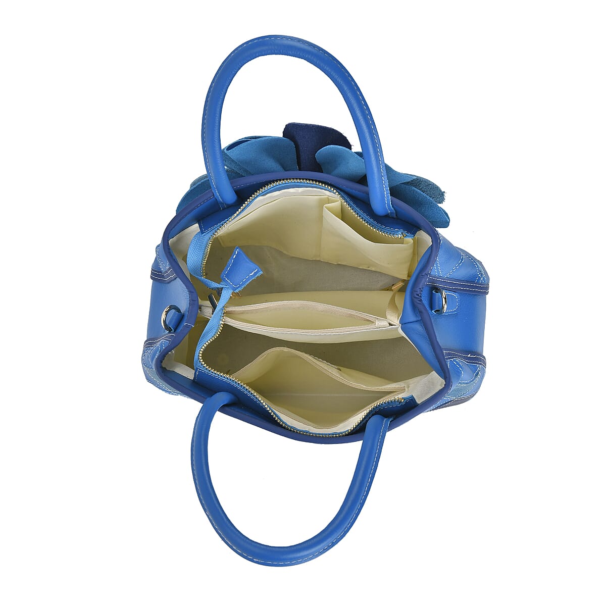Chaos Collection Blue Flower Pattern Genuine Leather Tote Bag with Handle Drop and Shoulder Strap image number 4