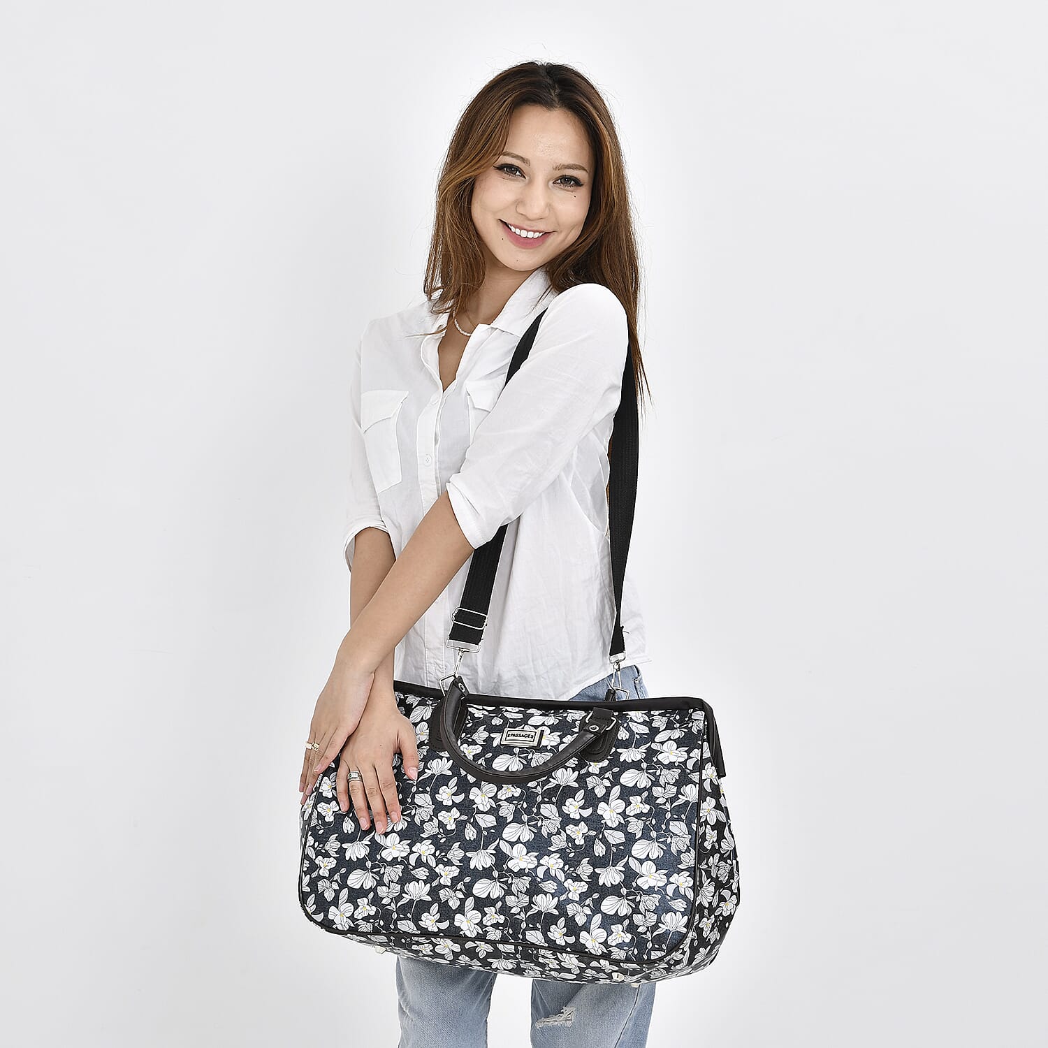 Passage Gray with Flower Print Travel Bag with 43 Inches Shoulder Strap 