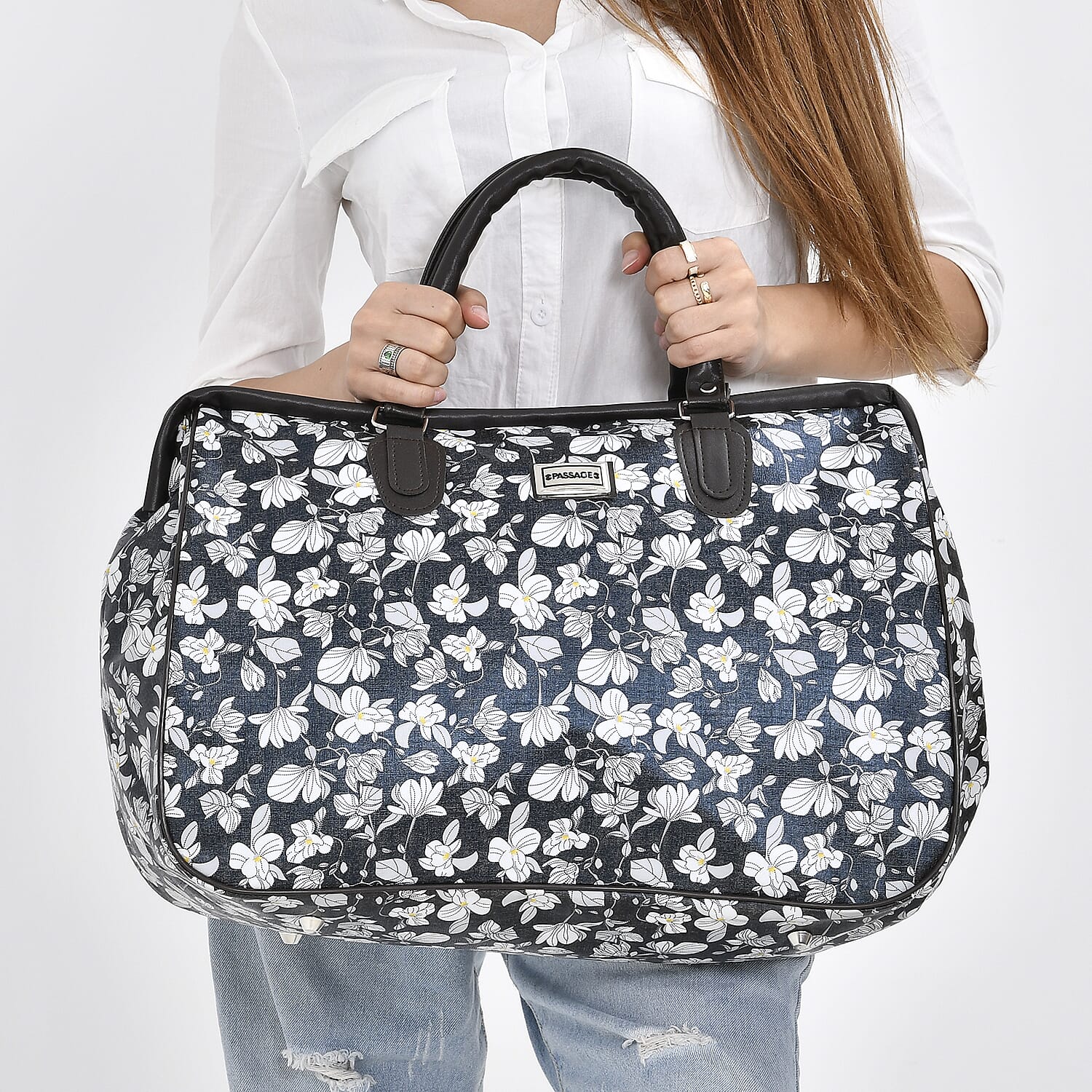 Passage Gray with Flower Print Travel Bag with 43 Inches Shoulder Strap 